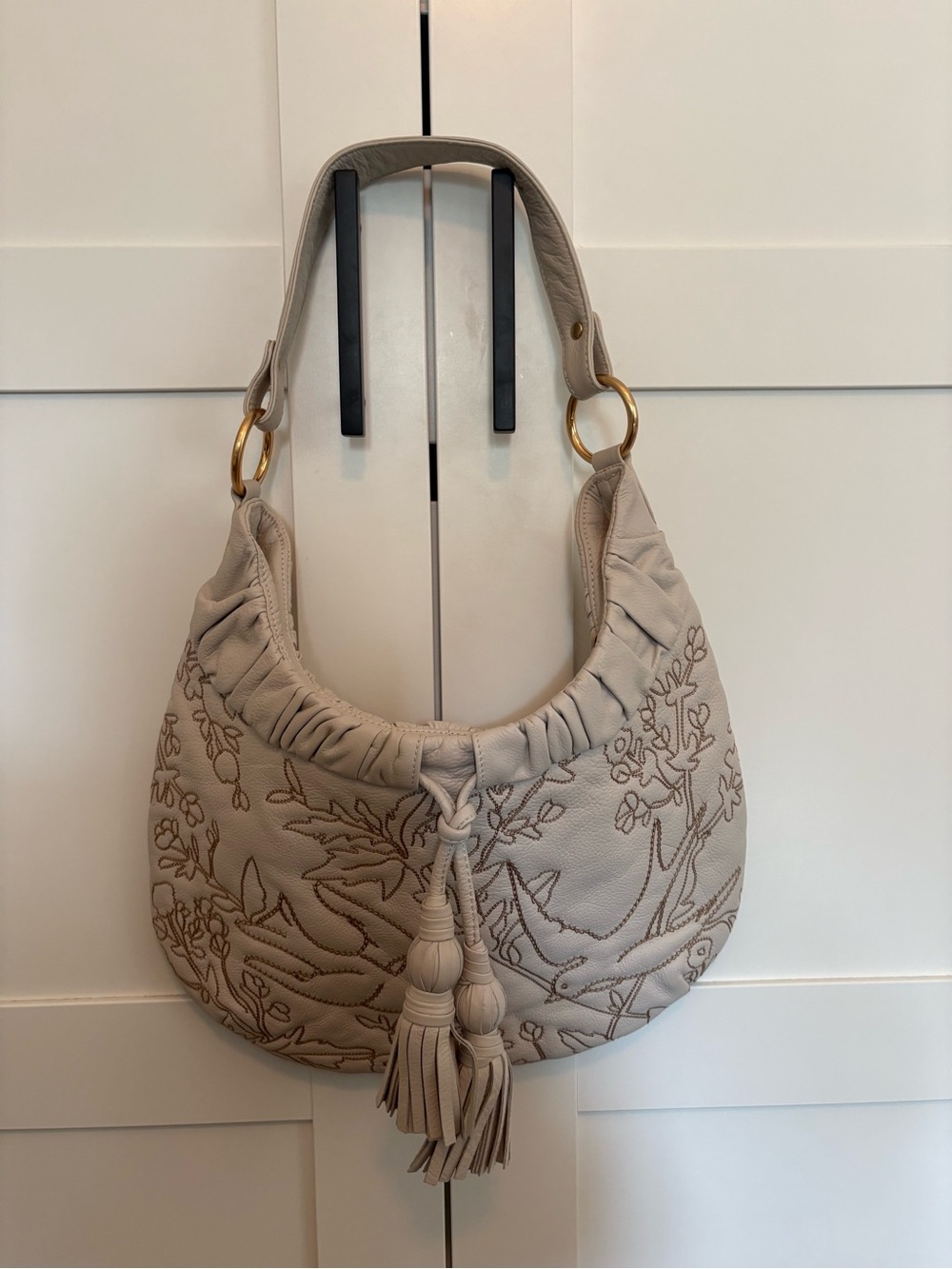 FIORE Zen Garden Embroidered Leather Hobo Bag with Tassels